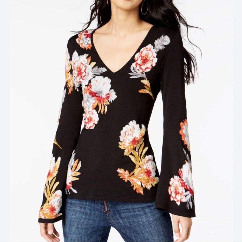 INC International Concepts Black V-Neck Floral Bell-Sleeve Top